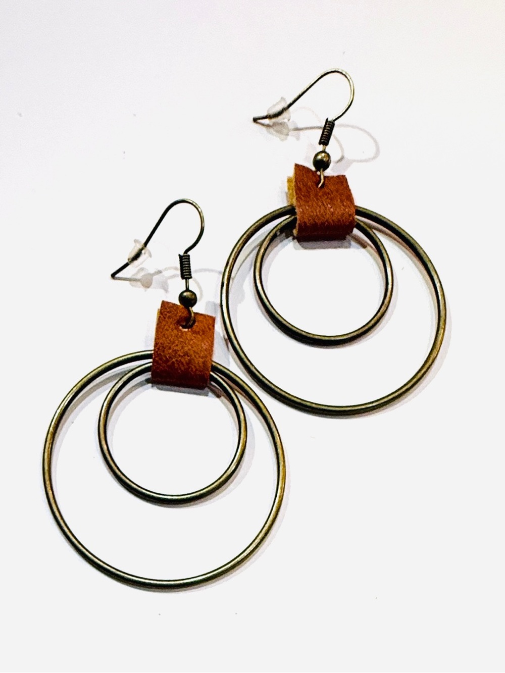 Layered Double Hoop Retro Vibe Earrings with Brown Leather Accent